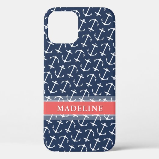 Blauwe witte anchor Pattern Coral Name Case-Mate iPhone Case (Achterkant)