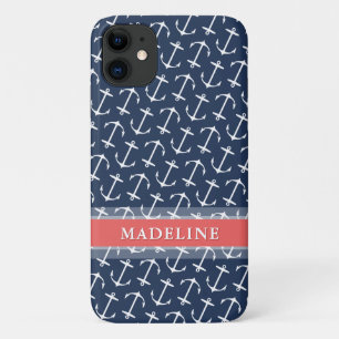 Blauwe witte anchor Pattern Coral Name Case-Mate iPhone Case