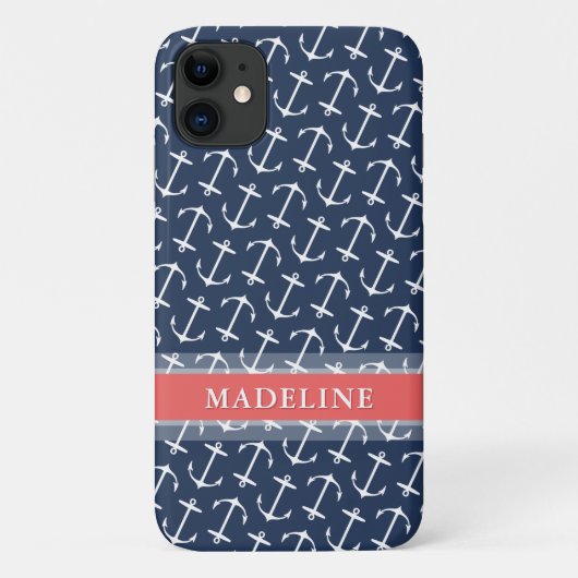 Blauwe witte anchor Pattern Coral Name Case-Mate iPhone Case (Achterkant)