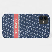 Blauwe witte anchor Pattern Coral Name Case-Mate iPhone Case (Achterkant (horizontaal))