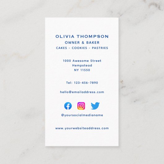 Blauwe witte bakkerij koekjes koekjes gebak visitekaartje (Achterkant)