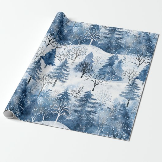 Blauwe Witte Berg Kerstbomen Cadeaupapier (Uitgerold)