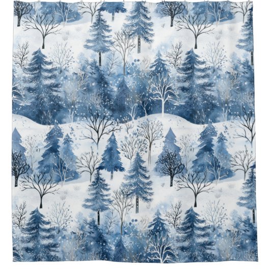 Blauwe Witte Berg Kerstbomen Douchegordijn (Voorkant)