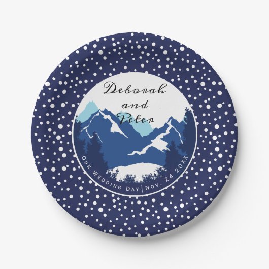 Blauwe, witte bergen en naaldbomen bruiloft papieren bordje (Voorkant)
