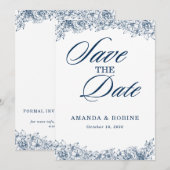 Blauwe Witte Bloem Elegant Eenvoudig Save The Date (Voorkant / Achterkant)