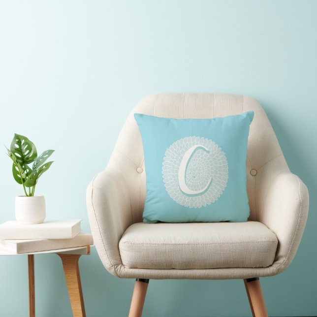 Blauwe Witte Bloem Letter C Kussen (Stoel)