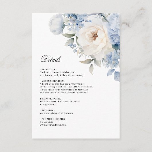 Blauwe & Witte Bloemen | Botanische bruiloft Detai Informatiekaartje (Voorkant)
