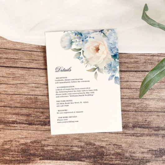 Blauwe & Witte Bloemen | Botanische bruiloft Detai Informatiekaartje