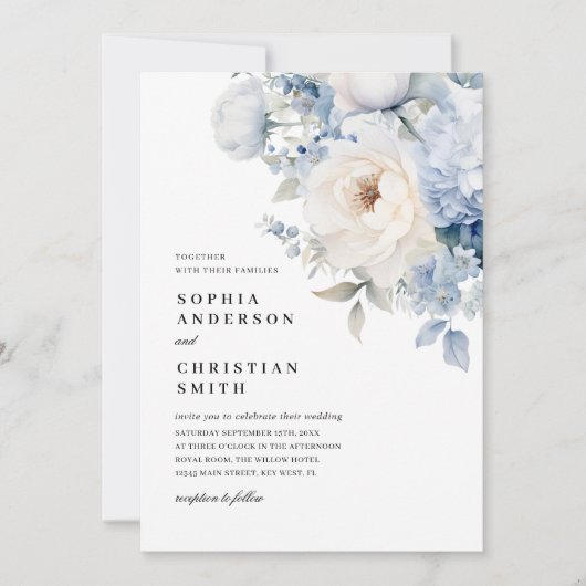 Blauwe & Witte Bloemen Bruiloft Uitnodiging (Voorkant)