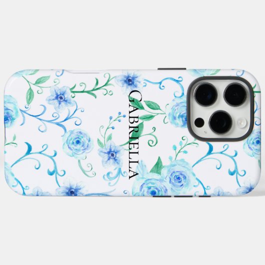 Blauwe witte bloemen Case-Mate iPhone case (Achterkant (horizontaal))