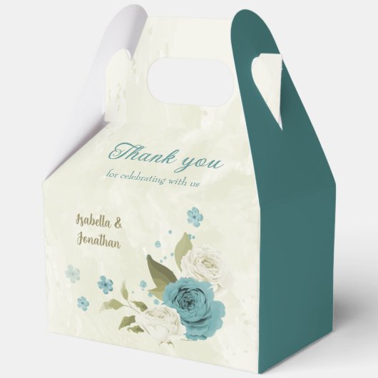 Blauwe witte bloemen groen bruiloft bedankdoosjes (Voorkant)