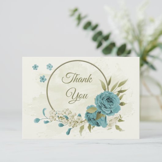 Blauwe witte bloemen groen bruiloft bedankkaart (Staand voorkant)