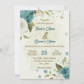 Blauwe witte bloemen groen bruiloft kaart (Voorkant)