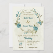 Blauwe witte bloemen groen bruiloft kaart (Voorkant)