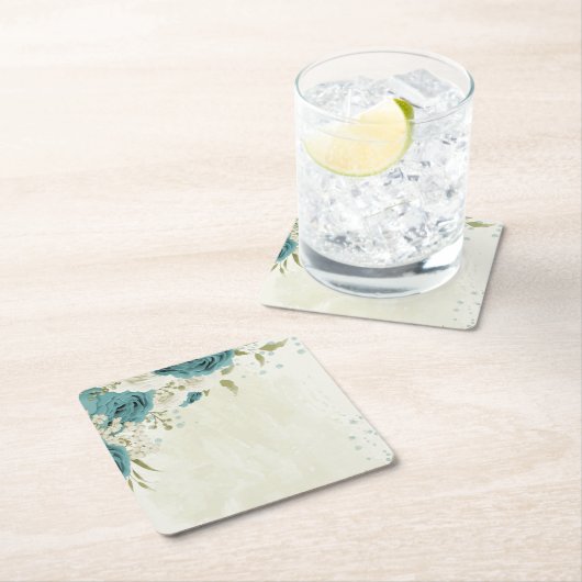 Blauwe witte bloemen groen bruiloft kartonnen onderzetters (Insitu)