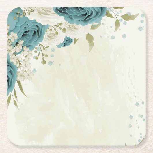 Blauwe witte bloemen groen bruiloft kartonnen onderzetters (Voorkant)