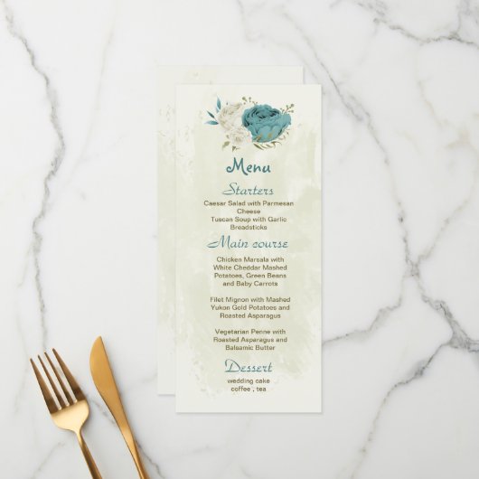 Blauwe witte bloemen groen bruiloft menu (Voorkant / Achterkant in situ)
