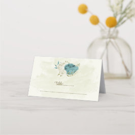 Blauwe witte bloemen groen bruiloft plaatskaartje