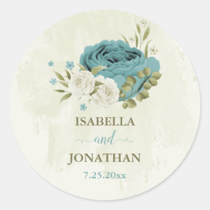 Blauwe witte bloemen groen bruiloft ronde sticker