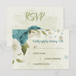 Blauwe witte bloemen groen bruiloft RSVP kaartje