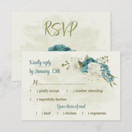Blauwe witte bloemen groen bruiloft RSVP kaartje