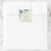 Blauwe witte bloemen groen bruiloft vierkante sticker (Tas)