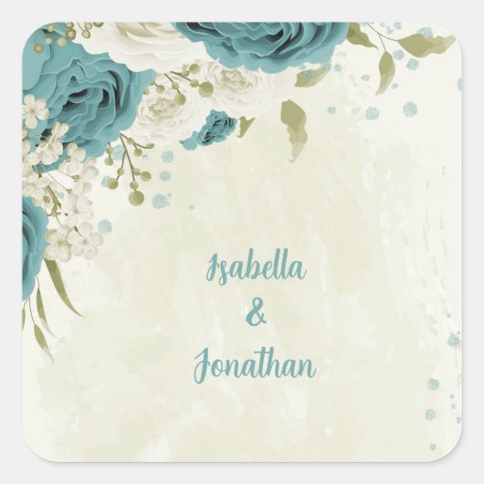 Blauwe witte bloemen groen bruiloft vierkante sticker (Voorkant)