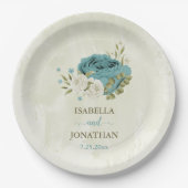 blauwe witte bloemen groen wedding papieren bordje (Voorkant)