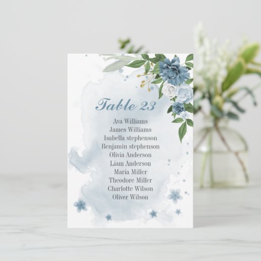 blauwe witte bloemen groene zitkaart informatiekaartje (Staand voorkant)