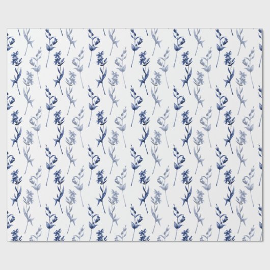 Blauwe & witte bloemen op een stengel cadeaupapier (Vlak)