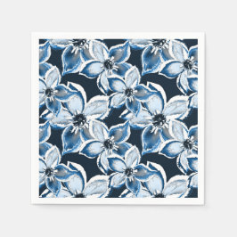 Blauwe, witte bloemen op een zwarte achtergrond. servet