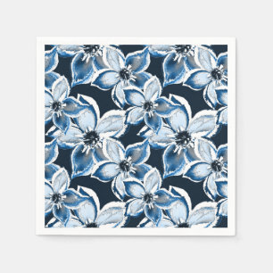 Blauwe, witte bloemen op een zwarte achtergrond. servet