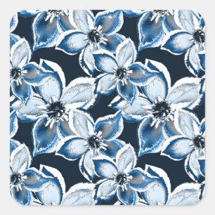 Blauwe, witte bloemen op een zwarte achtergrond. vierkante sticker