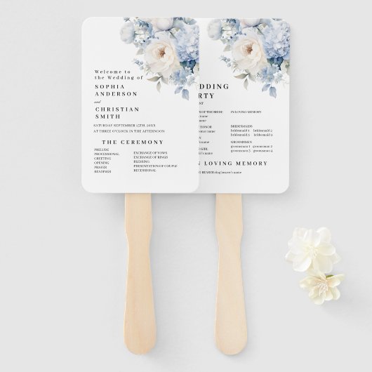 Blauwe & Witte Bloemen Trouwprogramma Handwaaier (Voorkant en achterkant)