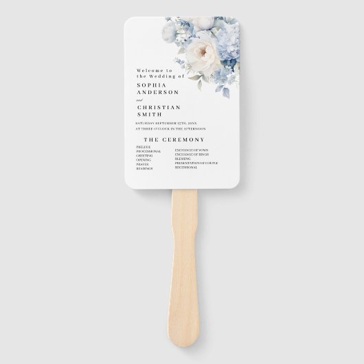 Blauwe & Witte Bloemen Trouwprogramma Handwaaier (Voorkant)