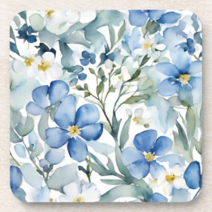 Blauwe Witte Bloemen Waterverf Chic Bier Onderzetter