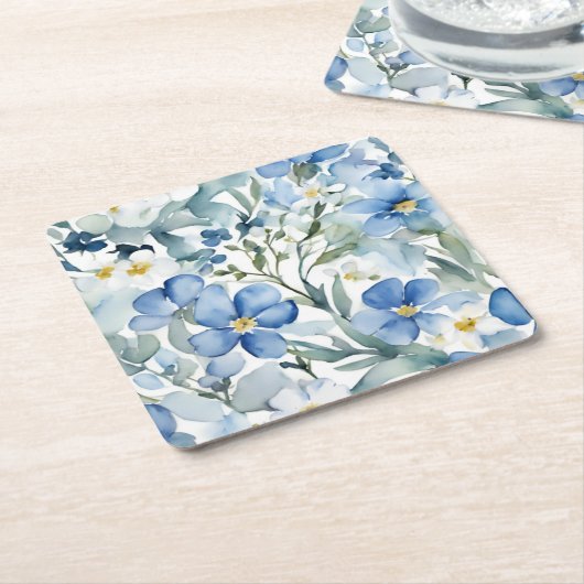 Blauwe Witte Bloemen Waterverf Chic Kartonnen Onderzetters (Schuin)