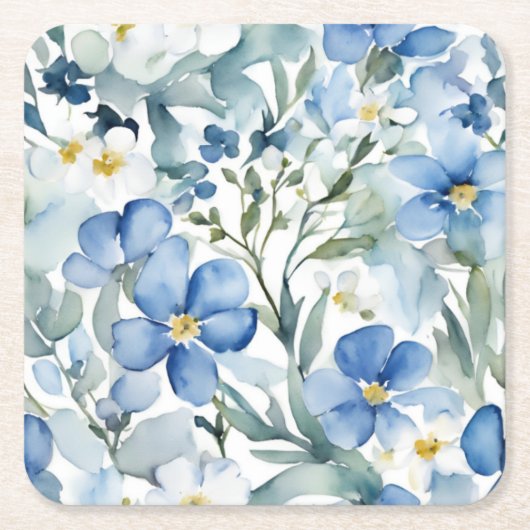 Blauwe Witte Bloemen Waterverf Chic Kartonnen Onderzetters (Voorkant)