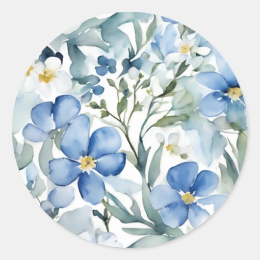 Blauwe Witte Bloemen Waterverf Chic Ronde Sticker (Voorkant)