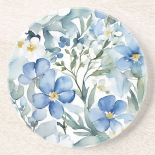 Blauwe Witte Bloemen Waterverf Chic Zandsteen Onderzetter