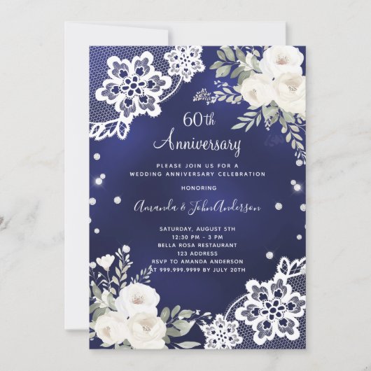 Blauwe witte bloemendiamant 60ste huwelijksverjaar kaart (Voorkant)