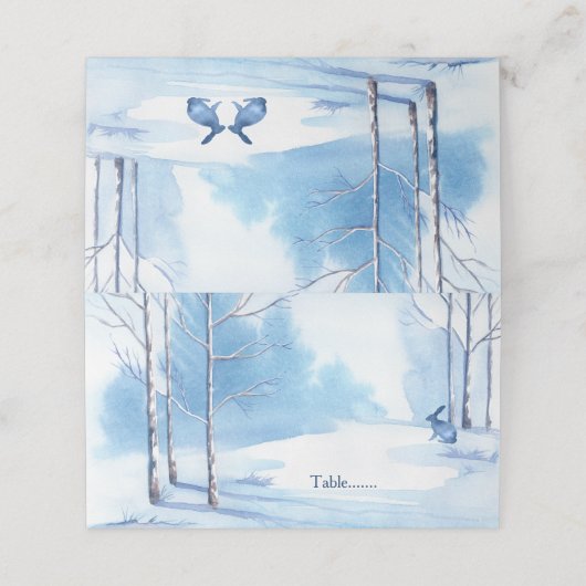 Blauwe Witte Bomen Konijn Winter Wedding Plaatskaartje (Buitenkant ongevouwen)