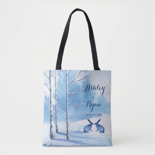 Blauwe Witte Bomen Konijnen Winter Trouwtas Tote Bag (Voorkant)