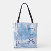 Blauwe Witte Bomen Konijnen Winter Trouwtas Tote Bag (Achterkant)