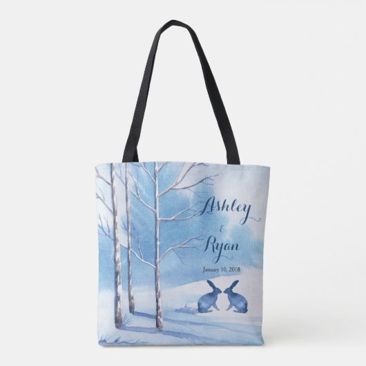 Blauwe Witte Bomen Konijnen Winter Trouwtas Tote Bag (Achterkant)