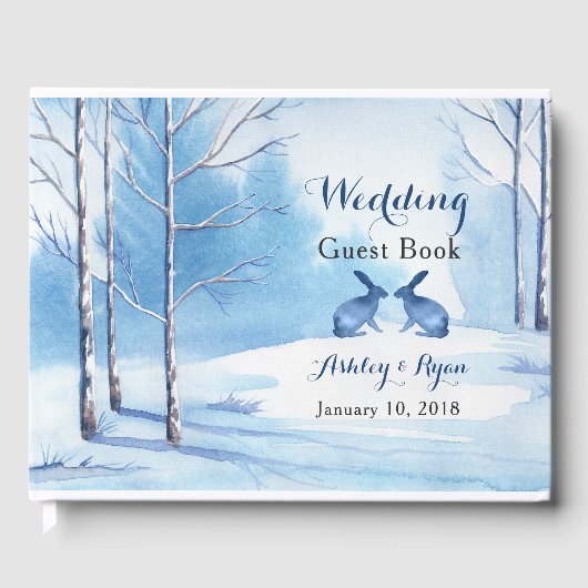 Blauwe Witte Bomen Konijnen Winter Wedding Guest B Gastenboek (Voorkant)