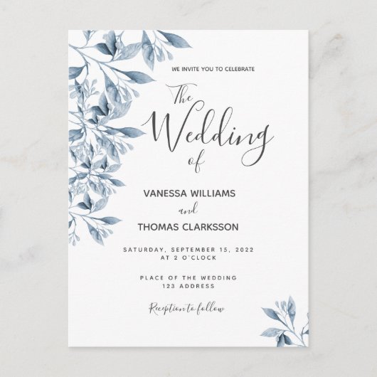 Blauwe witte botanische scripttrouwuitnodiging briefkaart (Voorkant)