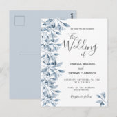Blauwe witte botanische trouwuitnodiging briefkaart (Voorkant / Achterkant)