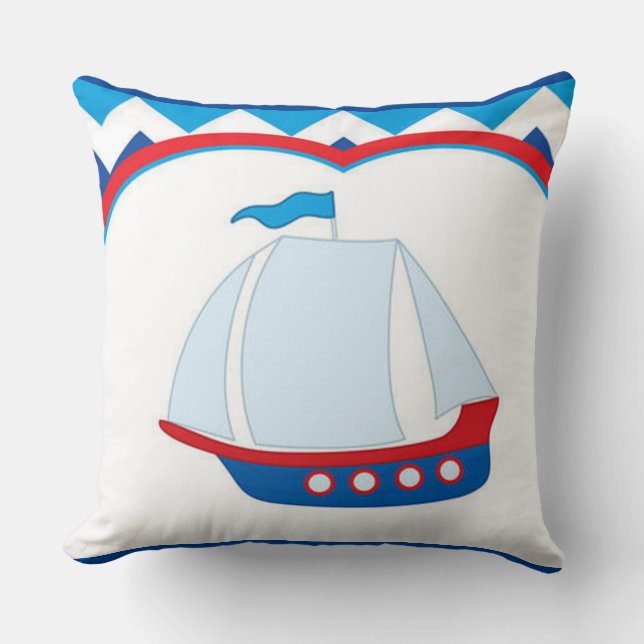 Blauwe witte Chevron Achtergrond Blauwe Zeilschip Kussen (Voorkant)