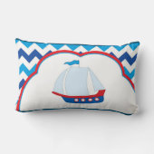 Blauwe witte Chevron Achtergrond Blauwe Zeilschip Kussen (Achterkant)